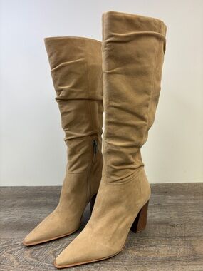Vince Camuto Derika 2 Knee High Boots Tan Suede Pointed Toe Block Heel Size 7.5